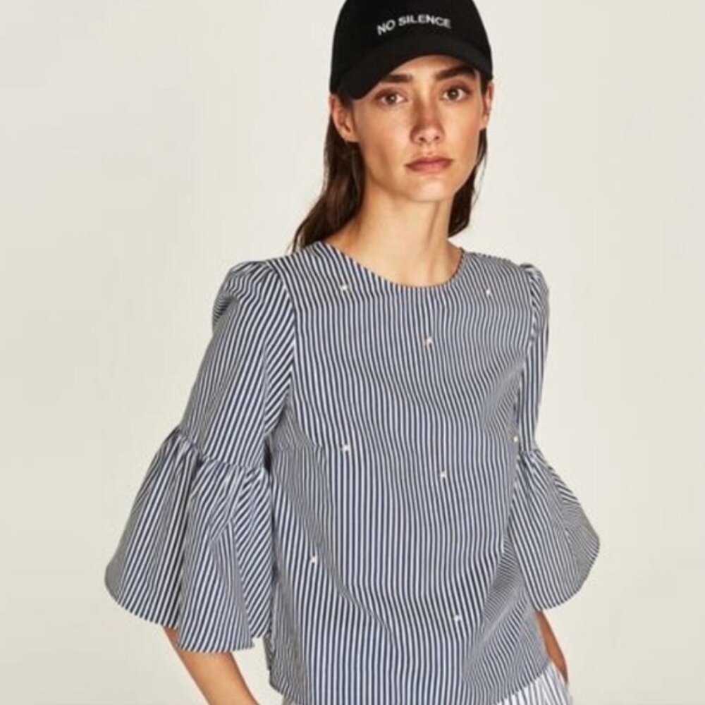 Zara Navy and White Striped Blouse Poplin Bell Sleeves Pearl Accent‎ 3/4 Sleeves
